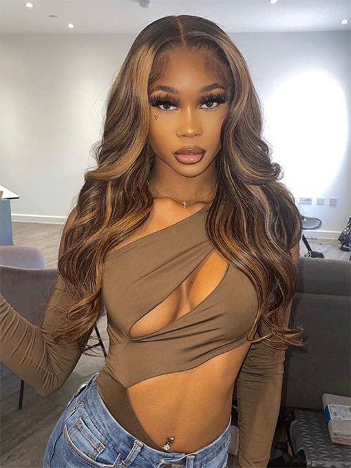 Body Wave Wig Brown With Blonde Highlights Wig #P4/27 Human Hair 13x4 Lace Wigs