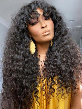 Glueless Wig Deep Wave Hair Non Lace Wigs Full Machine Made Wigs With Bangs